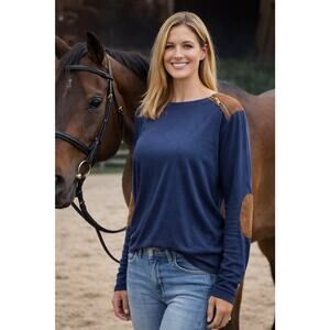 Lauren Ralph Lauren Navy LS Top L Faux Suede Elbow Patch Shoulder zip Equestrian